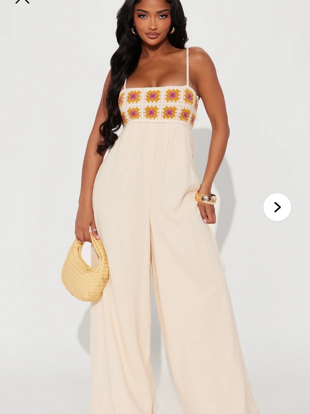 Fashion Nova Cream Crochet Bodice Wide-Leg Jumpsuit with Yellow & Pink Accents
